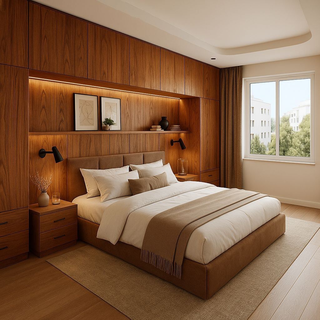 Warm wood-paneled bedroom interior by JCGEC